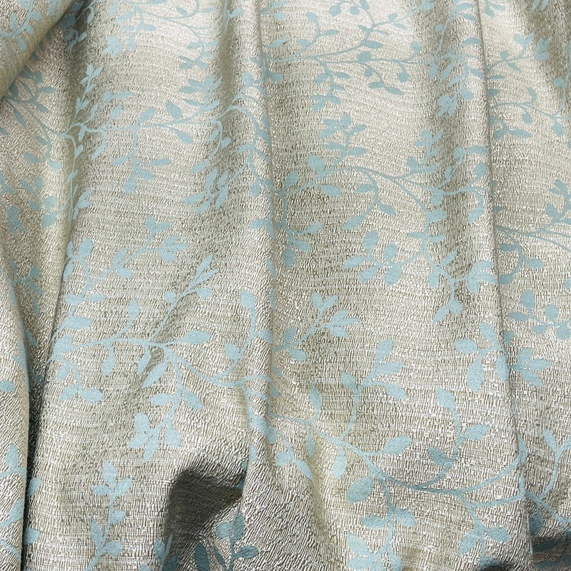 Small Beige Floral Leaves Curtain Brocade Fabric 140cm, Green