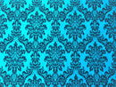Black Damask Velvet Flock Taffeta Fabric, Teal