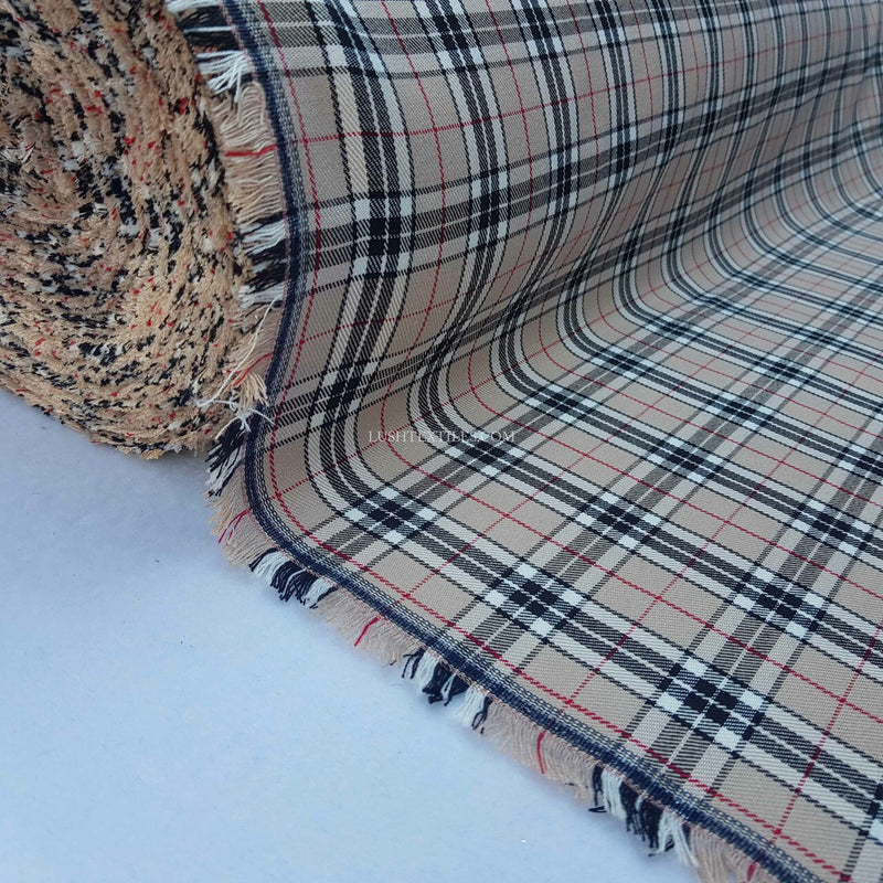 Tissu Robe Poly Viscose Tartan à Carreaux Style Burberry Beige
