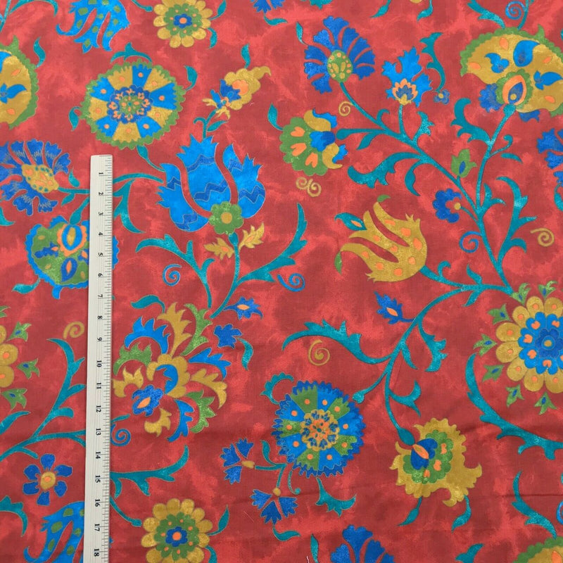 Floral Mustard Flowers Samarkand Vintage Cotton Fabric, Red