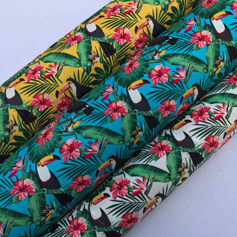 100% Cotton Poplin Fabric – Tropical Toucan & Hibiscus Print – Jungle Leaves Dressmaking & Craft Fabric – White, Turquoise or Mustard - Bull Ring Fabrics