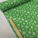 10m White Xmas Snowflakes Christmas Polycotton Fabric 45", Green - Bull Ring Fabrics