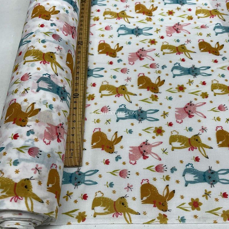 Colourful Bunny Rabbits Polycotton Fabric, White