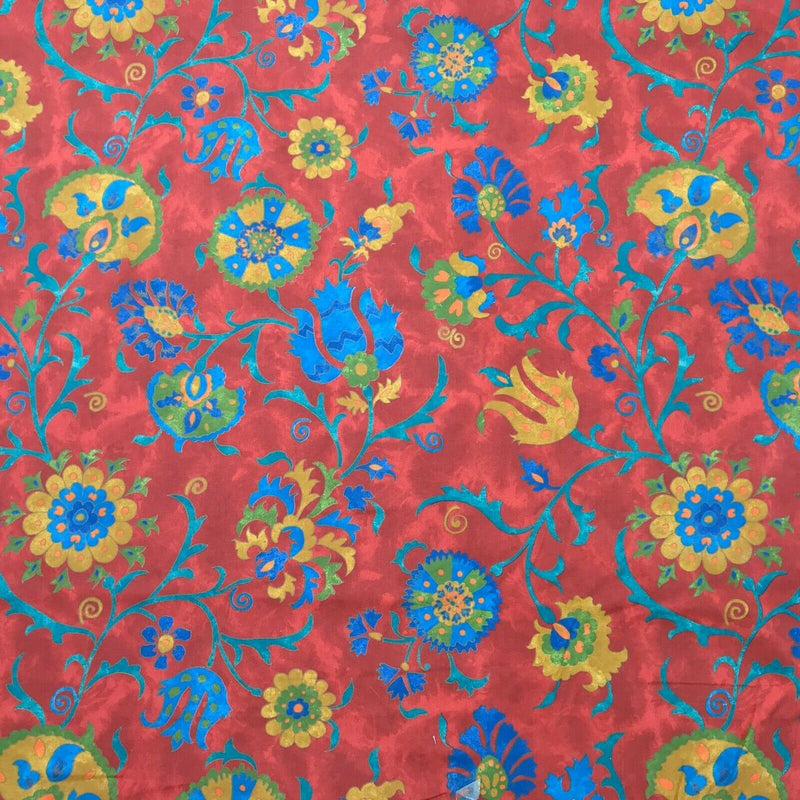 Floral Mustard Flowers Samarkand Vintage Cotton Fabric, Red