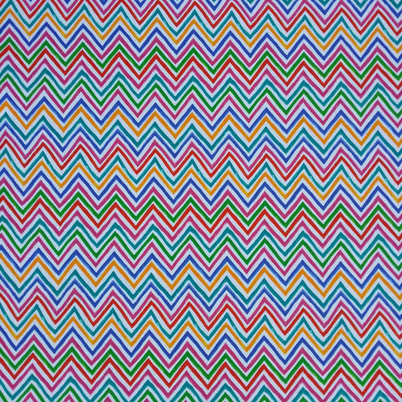 Multicoloured Zig Zags Print Cotton Furnishing Fabric, White
