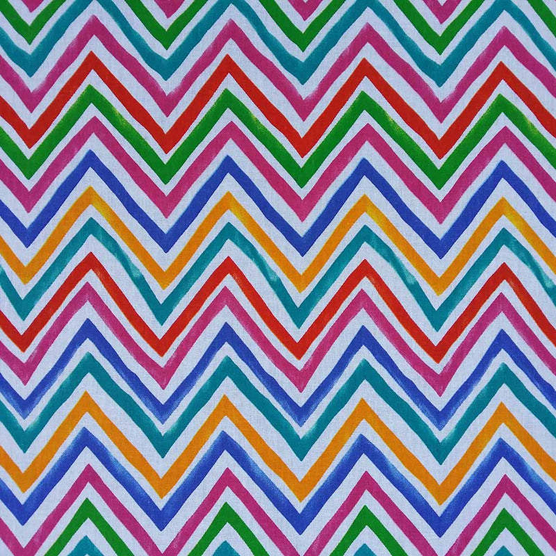 Multicoloured Zig Zags Print Cotton Furnishing Fabric, White