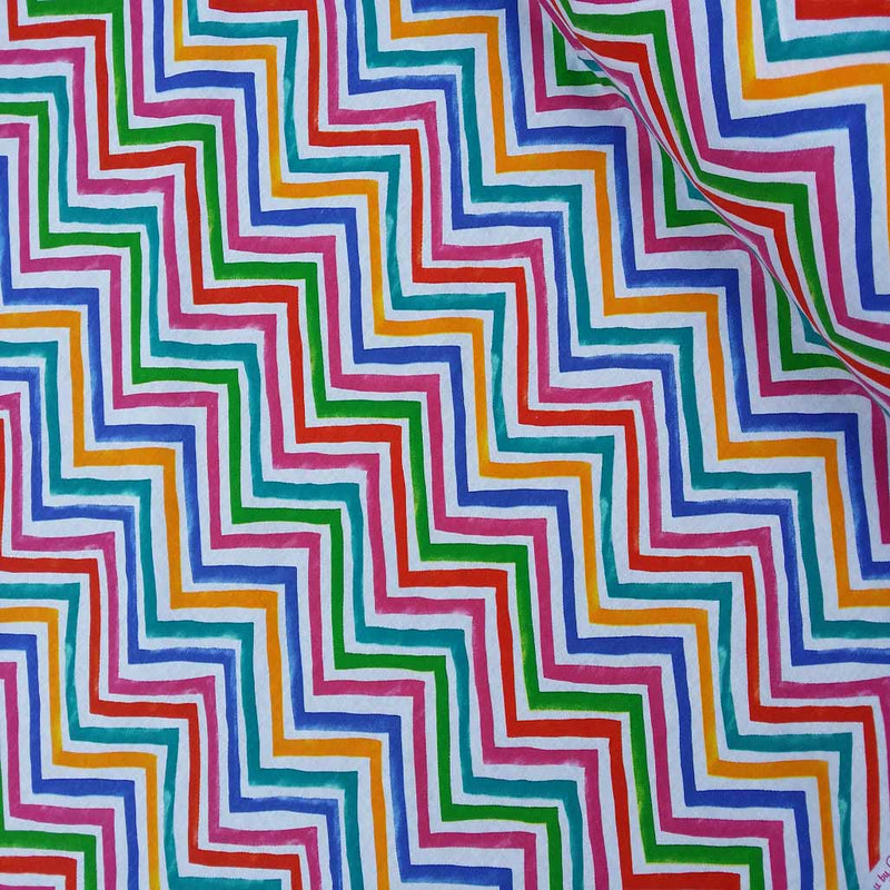 Multicoloured Zig Zags Print Cotton Furnishing Fabric, White