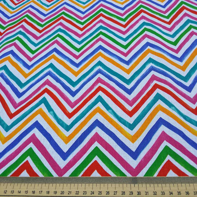 Multicoloured Zig Zags Print Cotton Furnishing Fabric, White