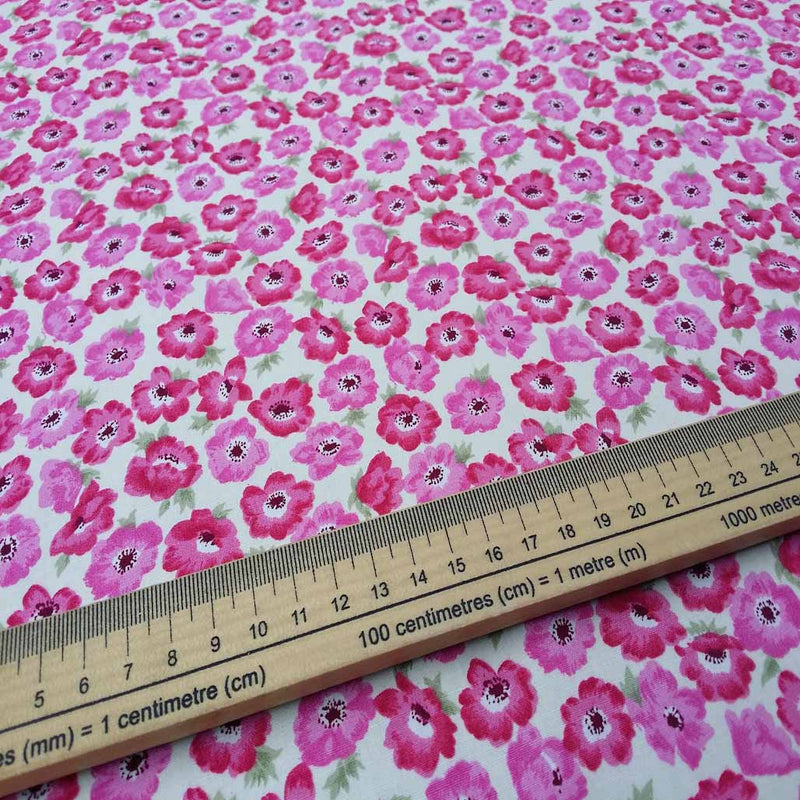 Pink Poppies Print Cotton Poplin Rose And Hubble Dress Fabric, Ivory