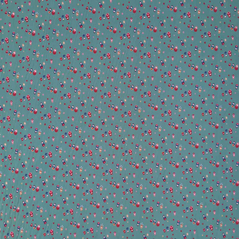 Russian Dolls Print Cotton Poplin Dress Fabric, Mint