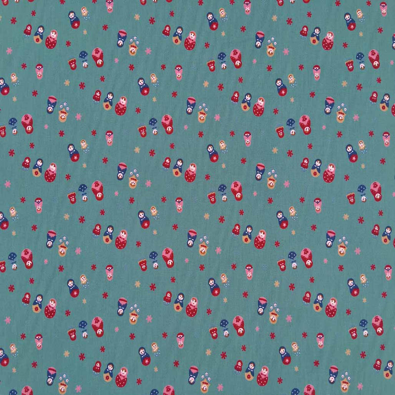 Russian Dolls Print Cotton Poplin Dress Fabric, Mint