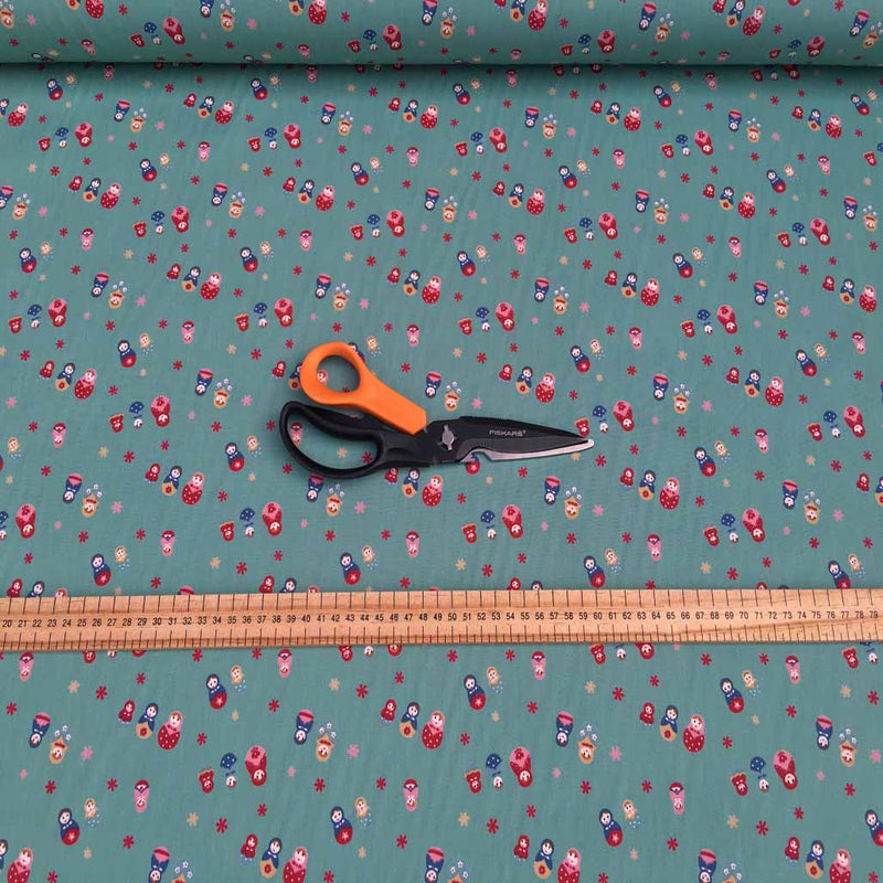Russian Dolls Print Cotton Poplin Dress Fabric, Mint