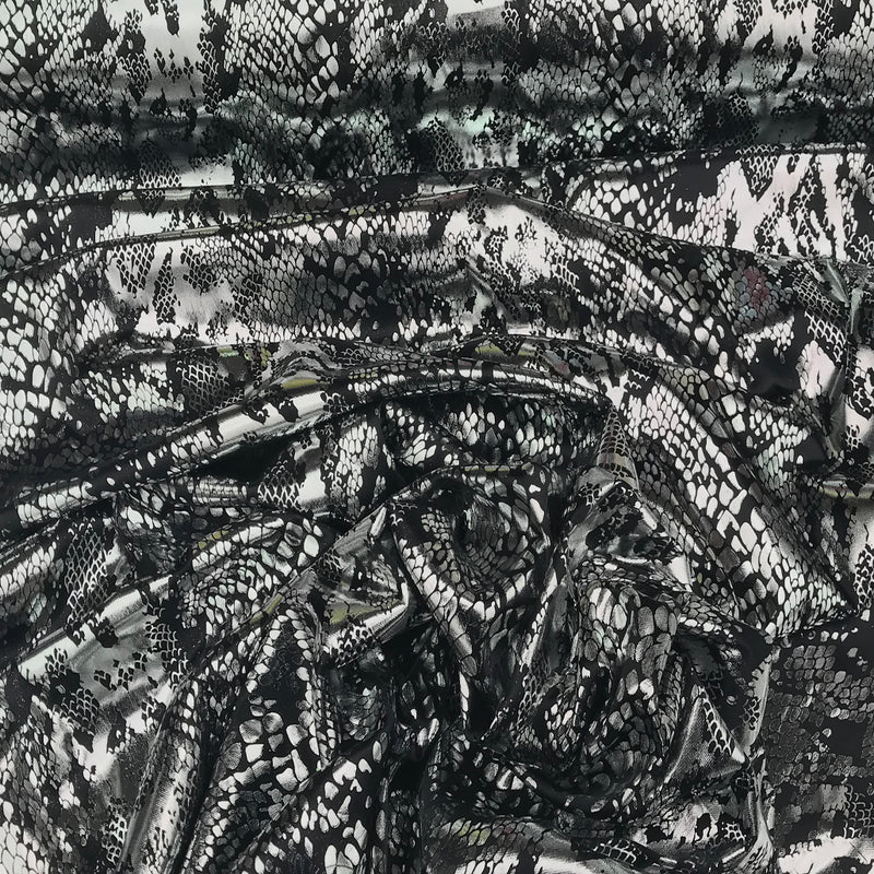 Snake Print Foil Stretch Dress Fabric, Silver/Black