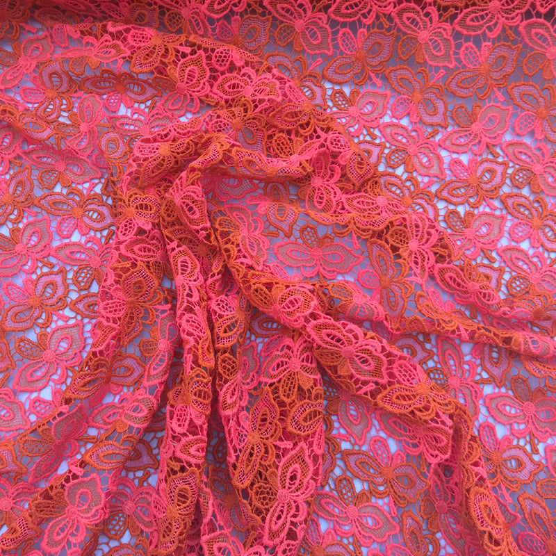 Butterfly Heavy Cotton Lace  African Bridal Fabric, Orange/Pink