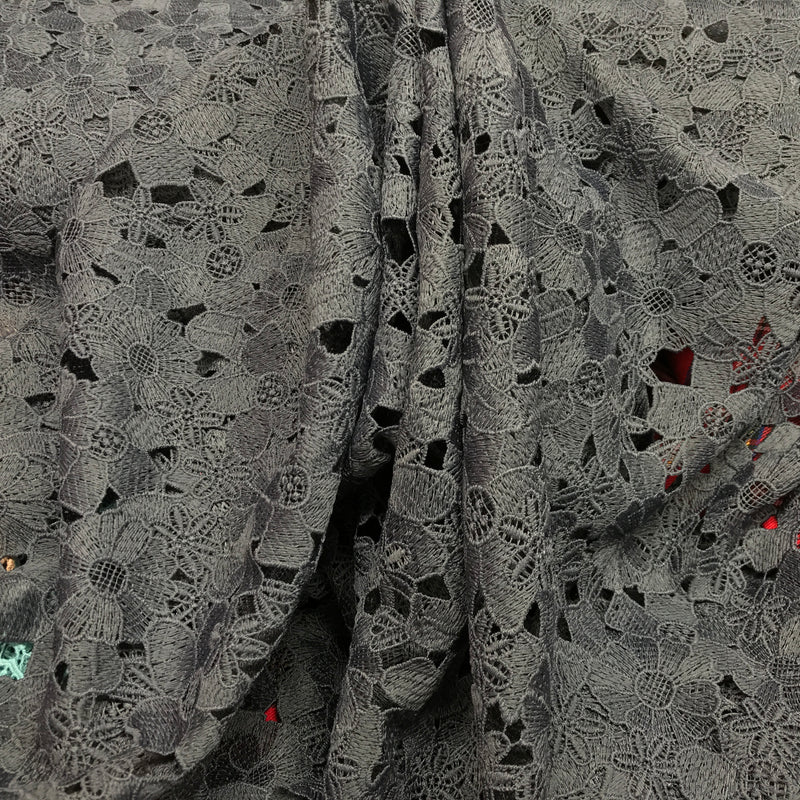 Heavy Corded Floral Cotton Lace Frill Dress Crochet Fabric, Grey