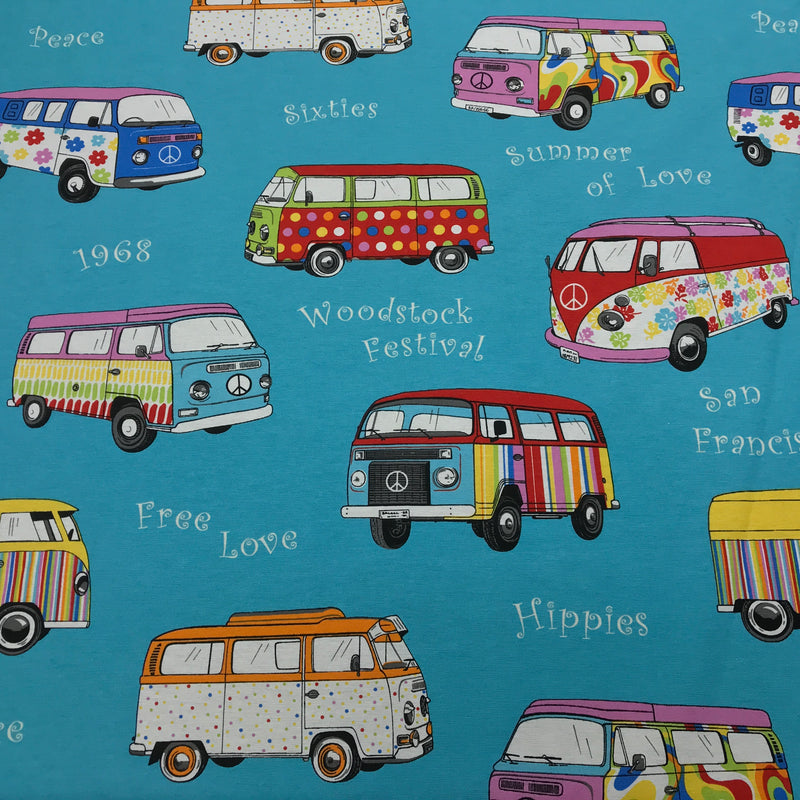 Baumwollstoff mit Hippie-Camper-Vans-Aufdruck, Türkis