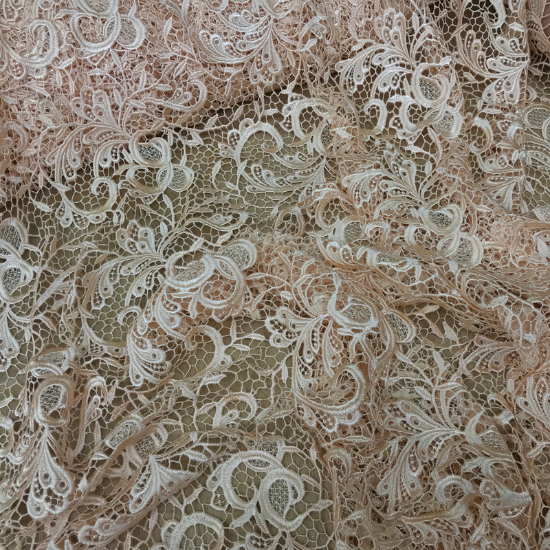 Heavy Floral Cotton Net Lace Bridal Frill Dress Fabric, Peach