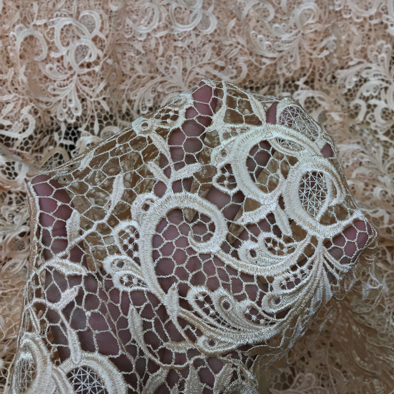 Heavy Floral Cotton Net Lace Bridal Frill Dress Fabric, Peach