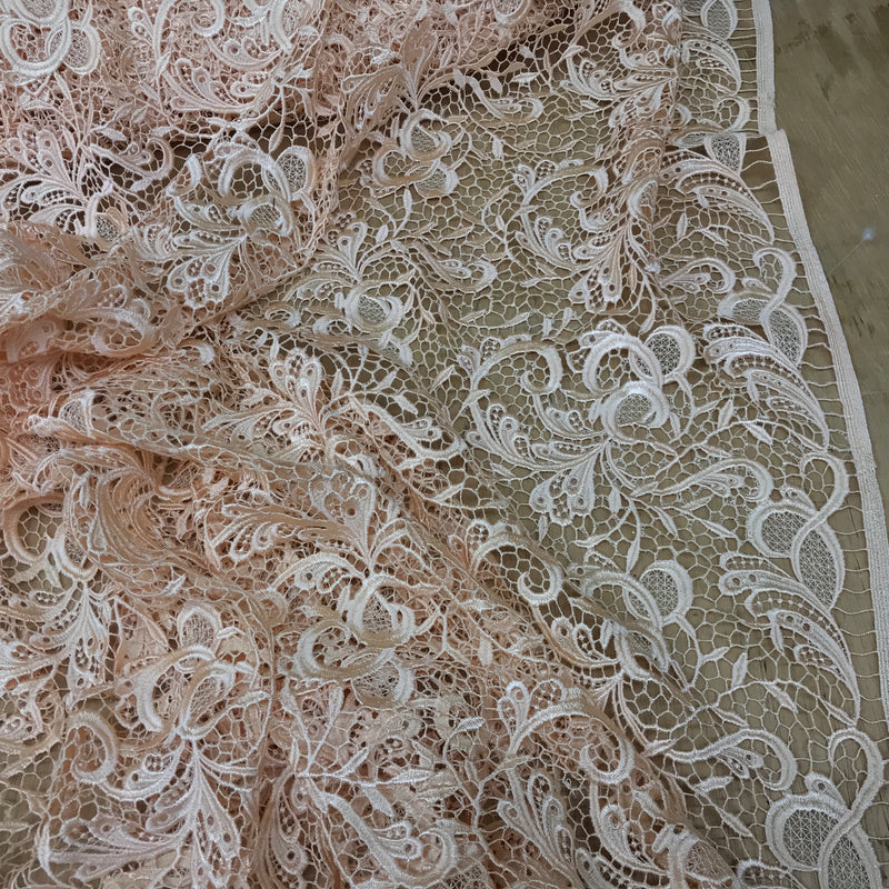 Heavy Floral Cotton Net Lace Bridal Frill Dress Fabric, Peach
