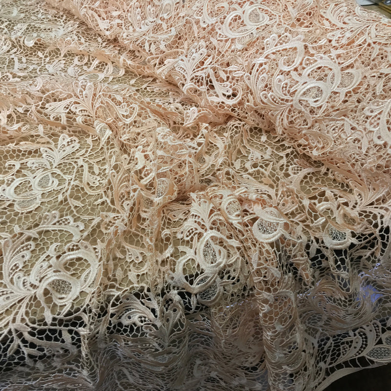 Heavy Floral Cotton Net Lace Bridal Frill Dress Fabric, Peach