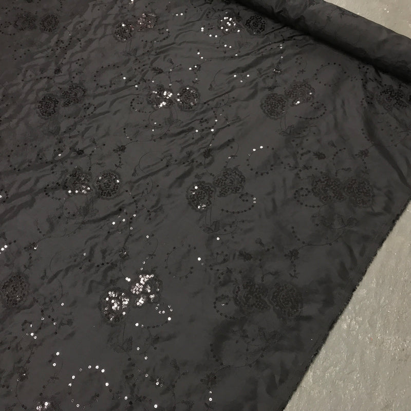 Black Floral Sequin Taffeta Fabric