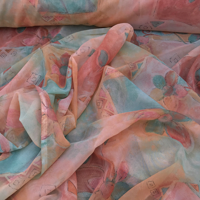Voile-Stoff mit floralem Abstraktem Muster, Pfirsich
