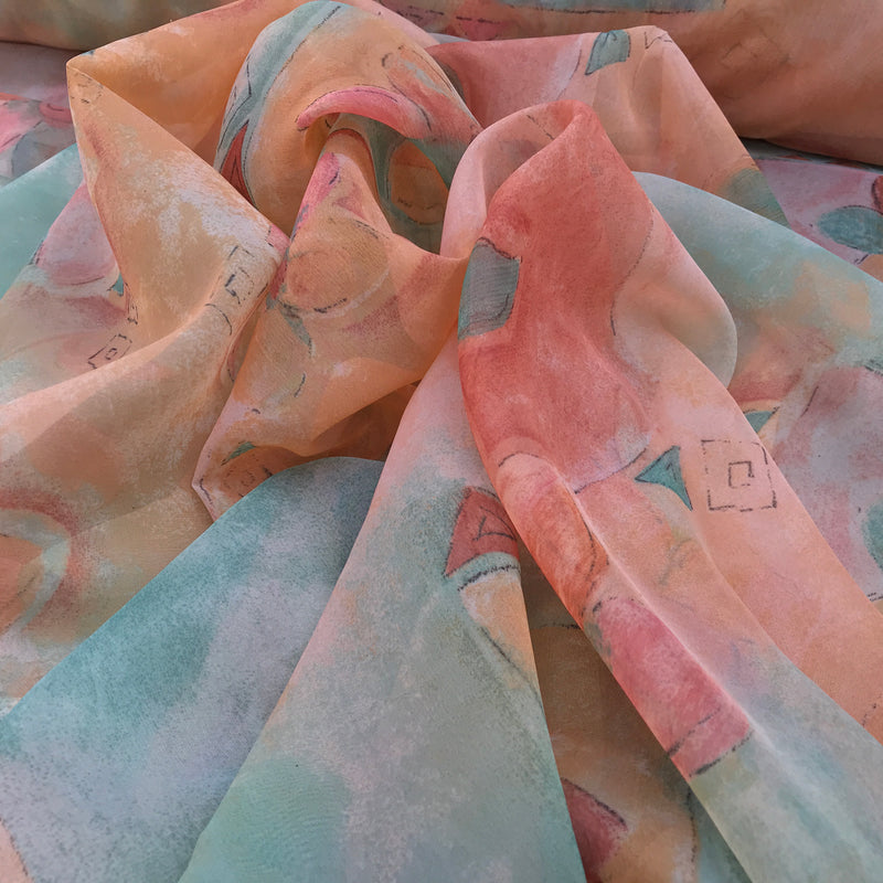 Voile-Stoff mit floralem Abstraktem Muster, Pfirsich