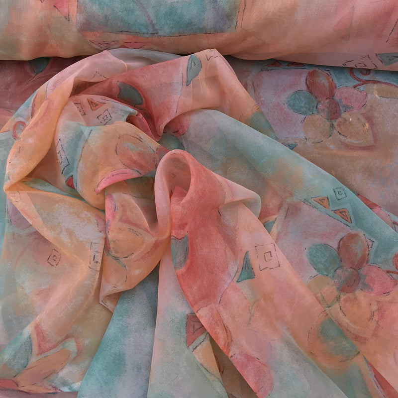 Voile-Stoff mit floralem Abstraktem Muster, Pfirsich