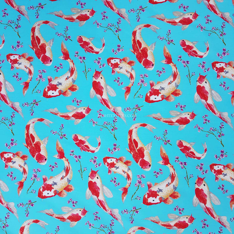Koi Fish Print Cotton Poplin Fabric, Blue