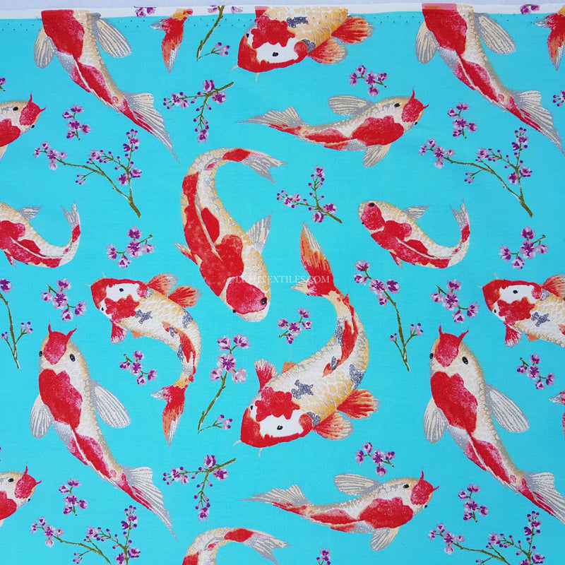Koi Fish Print Cotton Poplin Fabric, Blue