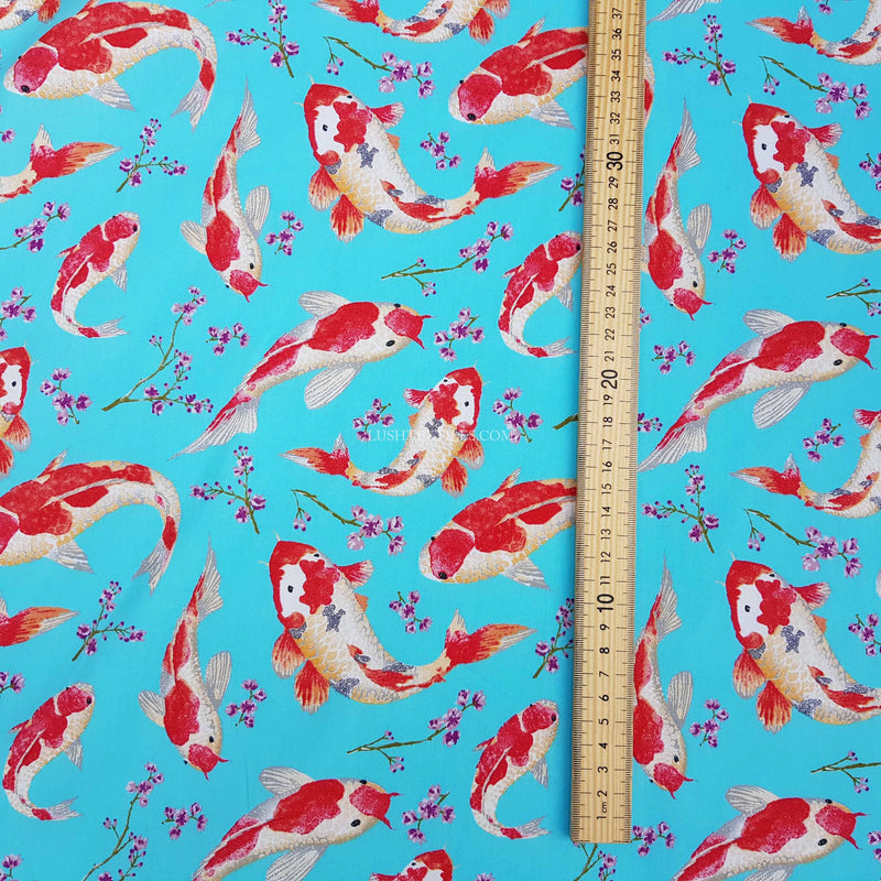 Koi Fish Print Cotton Poplin Fabric, Blue