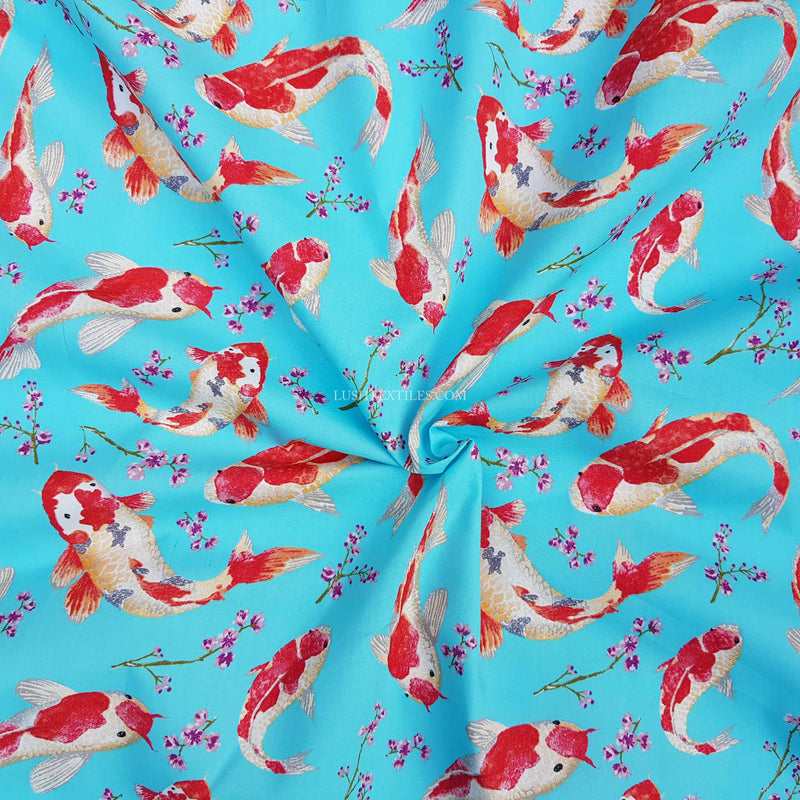 Koi Fish Print Cotton Poplin Fabric, Blue