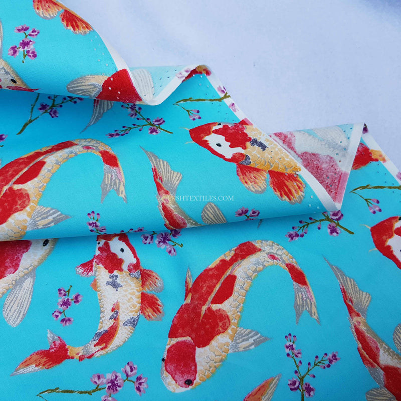 Koi Fish Print Cotton Poplin Fabric, Blue