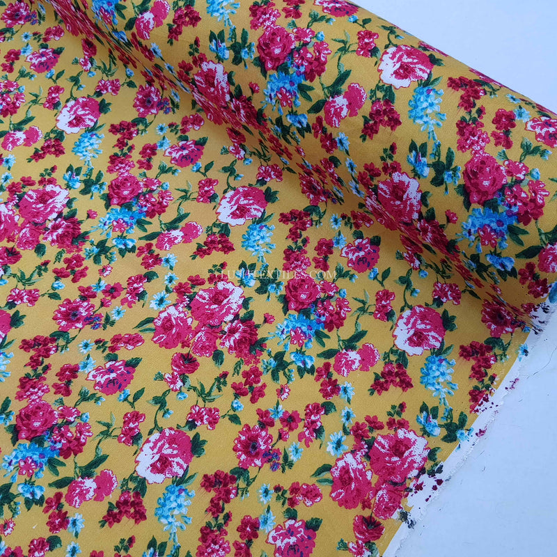 Viscose Roses Floral Fabric, Mustard/Turquoise