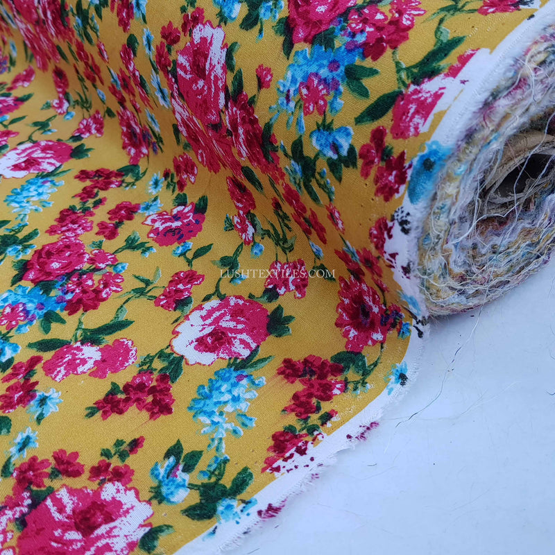 Viscose Roses Floral Fabric, Mustard/Turquoise