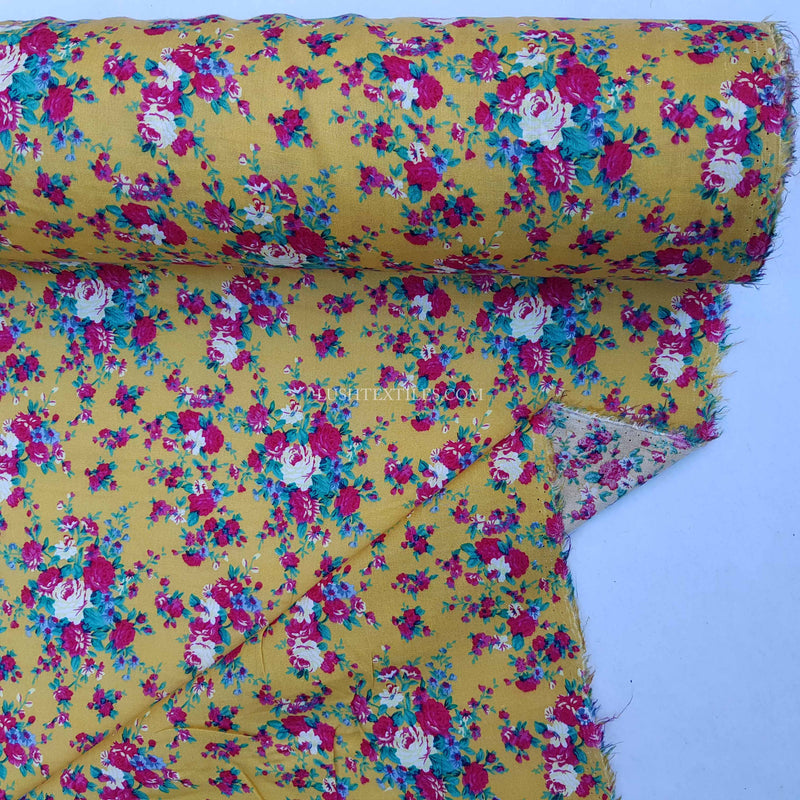 Viscose Roses Floral Fabric, Mustard/Mint