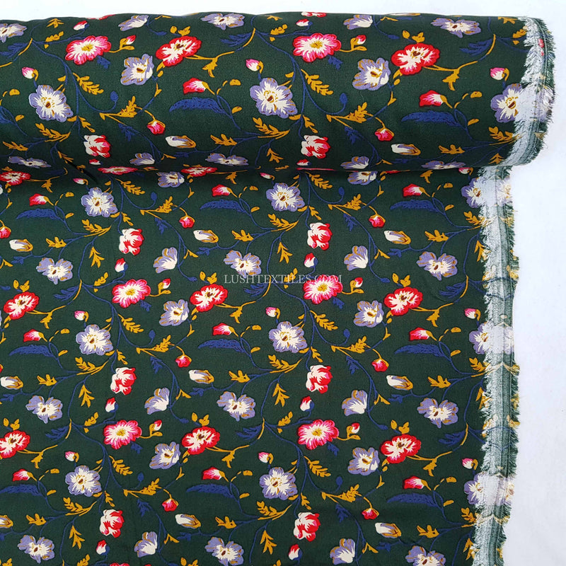 Viscose Elegant Floral Fabric, Bottle Green