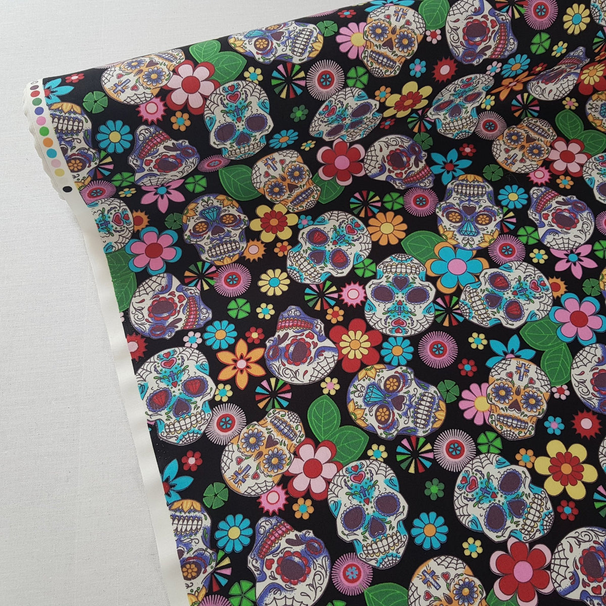 27m Roll Sugar Skulls Tattoo Day Of the Dead Cotton Poplin Fabric, Black - Bull Ring Fabrics