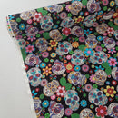 27m Roll Sugar Skulls Tattoo Day Of the Dead Cotton Poplin Fabric, Black - Bull Ring Fabrics