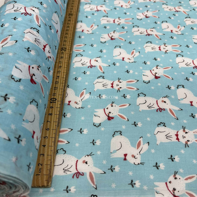 Bunny Rabbits Floral PolyCotton Fabric, Sky