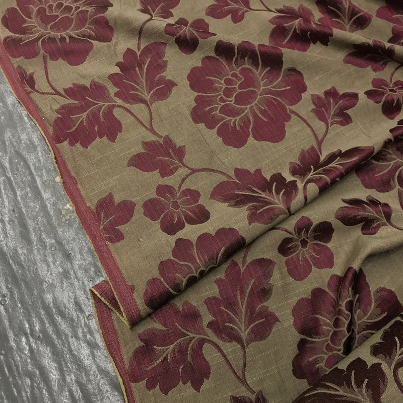 Cerise Pink Flower Upholstery Curtain Brocade Fabric 140cm, Brown