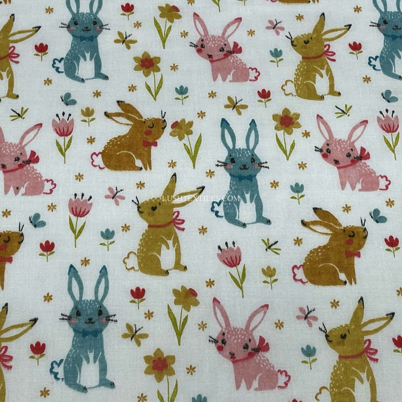 Colourful Bunny Rabbits Polycotton Fabric, White