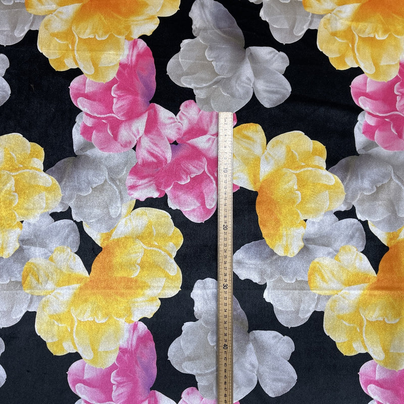 Plüschsamt-Polsterstoff mit Blumenmuster, Schwarz