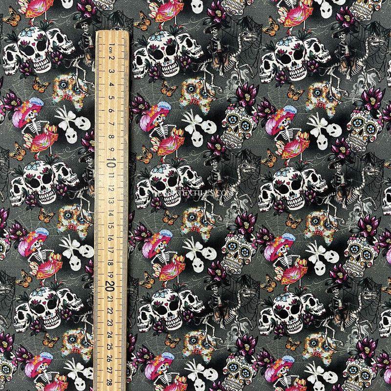 Day Of The Dead Digital Cotton Craft Fabric, Charcoal