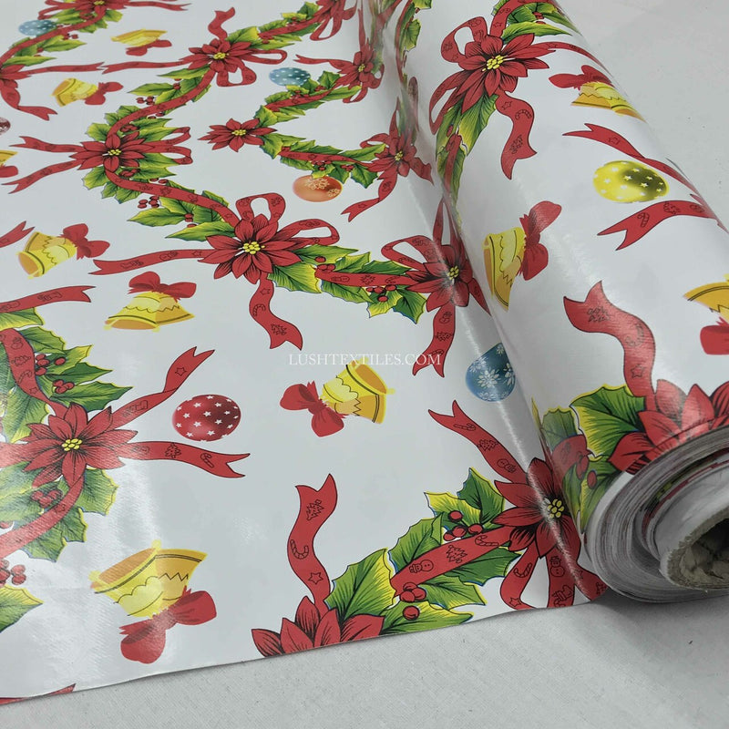 Christmas Wreaths & Bells Tablecloth PVC Fabric Xmas, White