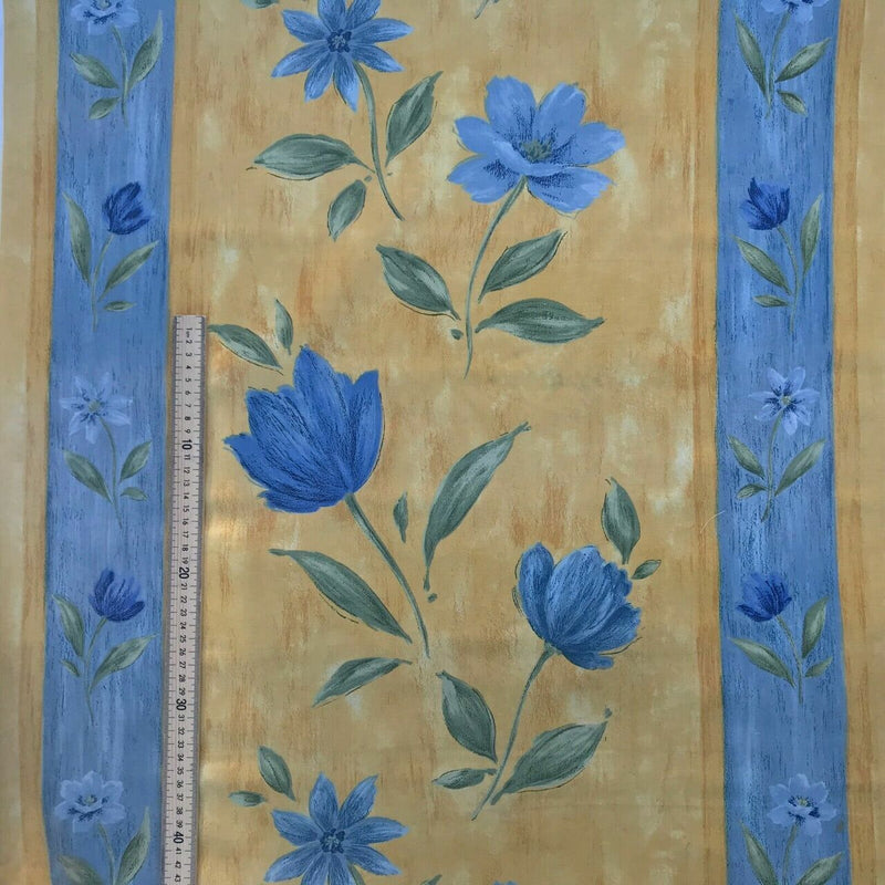 Striped Blue Tulips Floral Flowers Vintage Cotton Sheeting Fabric 140cm, Yellow