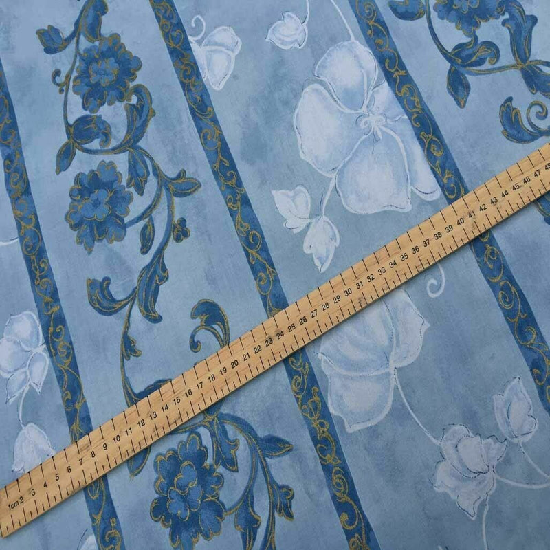Striped Floral Abstract Cotton Sheeting Vintage Fabric 140cm, Blue