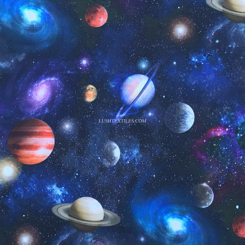 Baumwoll-Bastelstoff mit digitaler Aufschrift „Galaxy Space Planets“, Marineblau
