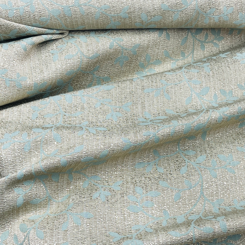 Small Beige Floral Leaves Curtain Brocade Fabric 140cm, Green
