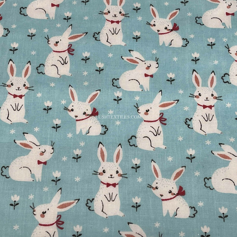 Bunny Rabbits Floral PolyCotton Fabric, Sky